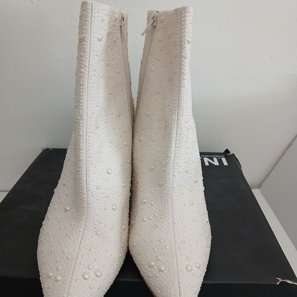 INC International Concepts White Pearl-Embellished Ankle Boots Sz 12 4in Height - Picture 2 of 11